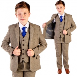 Boys Chestnut Brown Herringbone 5 Piece Jacket Suit